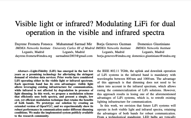Visible light or infrared? Modulating LiFi for dualoperation in the visible and infrared spectra
